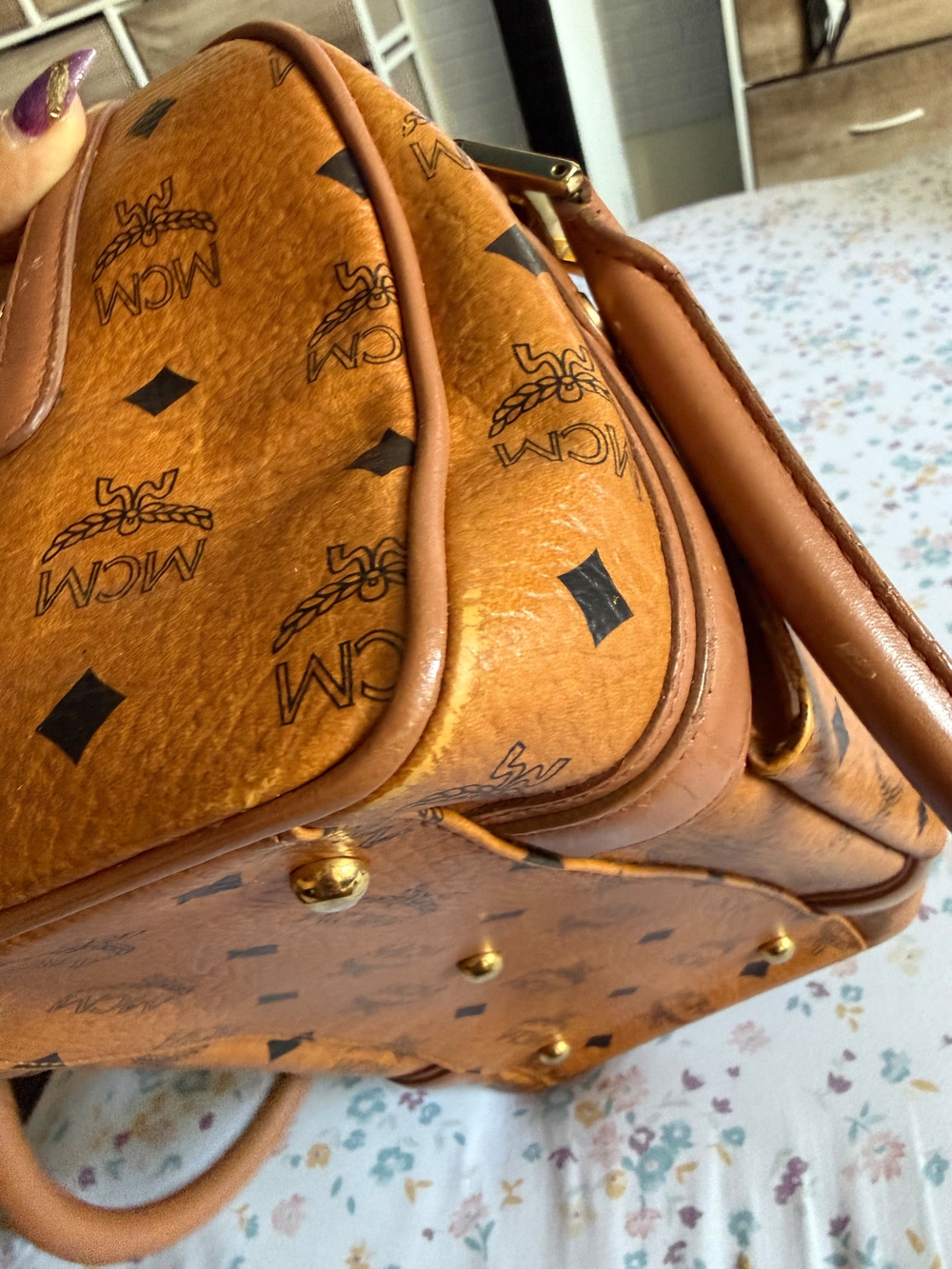 MCM Cognac Visetos Mini Satchel in Tan Leather Trim - Picture 9 of 10